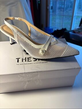 Women's White Mesh Slingback Heels with Pearl Accent
